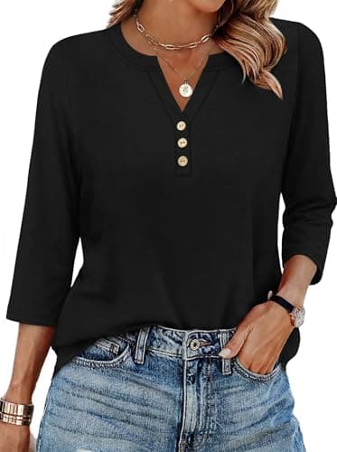 T Shirts for Women V Neck 3/4 Length Sleeve Womens Tops Casual Black Long Sleeve Shirt Tunic Tops for Women Loose Fit Dressy XXL