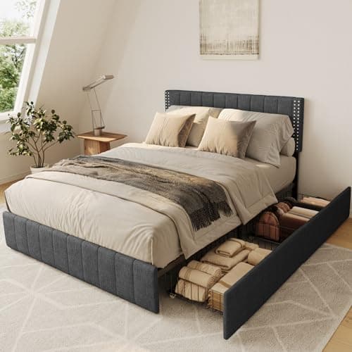 Gizoon Full Bed Frames with 4 Storage Drawers on Wheels and Headboard Adjustable, Fits 6" to 12" Mattress, No Box Spring Needed (Dark Grey)