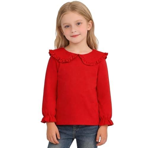 Magic Park 12M-14Y Toddler Girl Long Sleeve Blouse Girls Ruffle T-Shirt Solid Color Tee Casual Tops Holiday Winter Shirts (24 Months, Long Red)