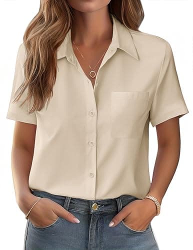 Zeagoo Womens Summer Tops Beach Vacation Shirts Short Sleeve Business Casual V Neck Blouses Solid Work Outfit Beige