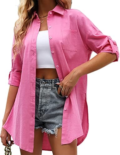 KYLELOVE Womens Bathing Suit Cover Ups Long Sleeves Breathable Linen Shirts Loose Summer Beach Clothes Rose Red