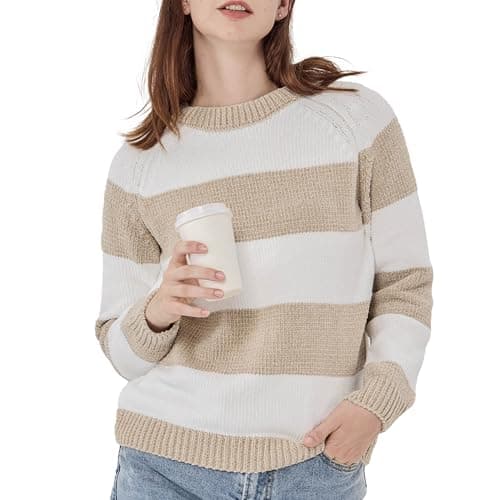 Simple&Opulence Women's Chenille Sweater Crewneck Long Sleeve Pullover Ribbed Cuff Hem Round Neck Jumper Tops(Khaki and White,S)