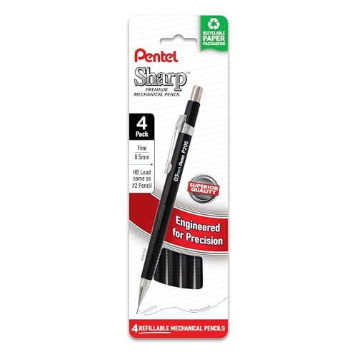 Pentel Sharp Mechanical Pencil, (0.5mm), Fine Line, Black Barrel, Pack of 4 (P205PF4A)