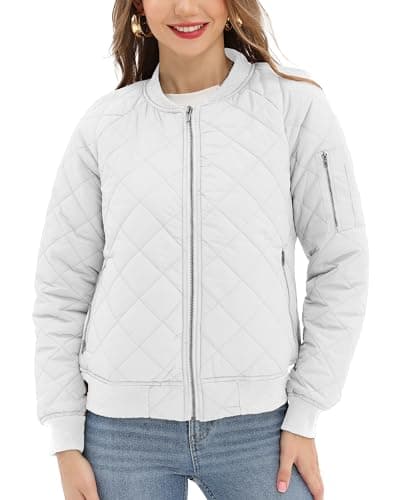 Argstar Puffer Jacket for Women, Long sleeve Quilted Casual Bomber Padded Outewear Coat with 5 Pockets White L