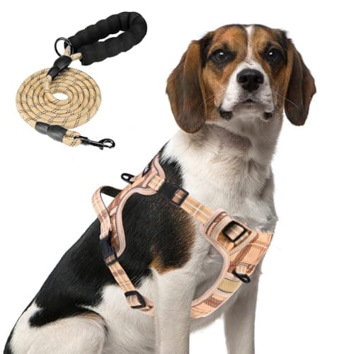 PUPTECK No Pull Dog Harness Medium Sized, Adjustable Reflective Dog Harness with Handle Easy Control, Comfortable Soft Padded Pet Vest Harness for Medium Dogs, Plaid Beige M