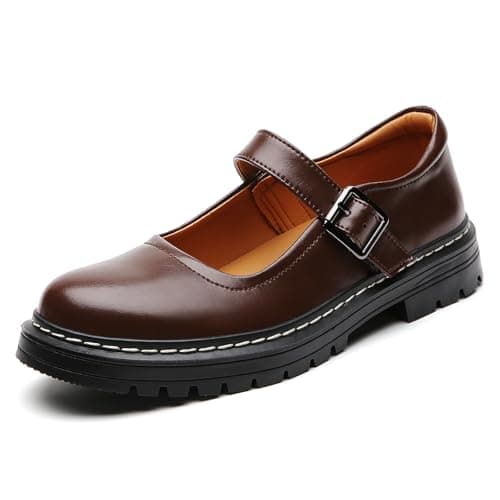 Mary Jane Shoes Women Platform Non-Slip Classics Round Toe Ankle Strap Comfort Casual Oxford Dress Work Patry Cosplay Mary Jane Flat Shoes Brown 8.5
