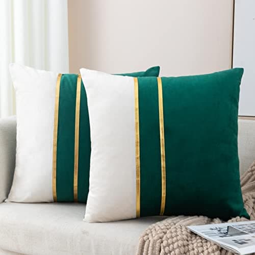 ZLINA Set of 2 Velvet Decorative Throw Pillow Covers Dark Green White Patchwork with Gold Leather Pillow Covers 16 × 16 Inch Cushion Covers Decor Living Room Sofa Bedroom Car
