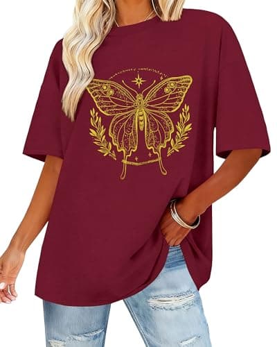 Womens Oversized T Shirts Loose Fit Graphic Tees Summer Casual Short Sleeve Tops(Red Butterfly,S)