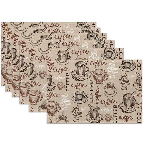 Coffee Theme Linen Placemats Set of 6,12x18 Inch Vintage Coffee Cup Washable Table Mats Heat Resistant Place Mats for Home Party Kitchen Dining Decoration