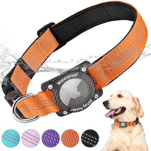 AirTag Dog Collar, IPX8 Waterproof Air Tag Dog Collar Holder, Reflective, Durable, Comfortable Padded GPS Collars for Small Medium Large Dogs, Orange, S