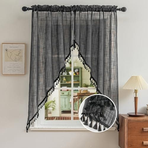Beda Home Tassel Linen Textured Swag Curtain Valance for Farmhouses’ Kitchen; Light Filtering Rustic Short Swag Topper for Small Windows Bedroom Privacy Added Rod Pocket Design (36W x 63L, Black)
