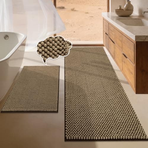 BSICPRO Bathroom Rugs Set 2 Piece-Chenille Bath Mats Non Slip-Thick Soft Absorbent Boho Bath Rug-Shower Floor Mat Machine Washable-Bathroom Decor Accessories (Light Brown, 22" x 59" Plus 20" x 32")