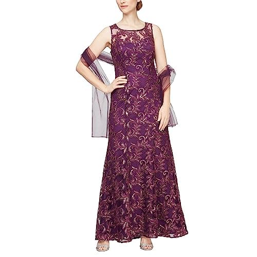 Alex Evenings Women's Long Embroidered Gown with Sweetheart Illusion Neckline and Chiffon Shawl, Plum, 10