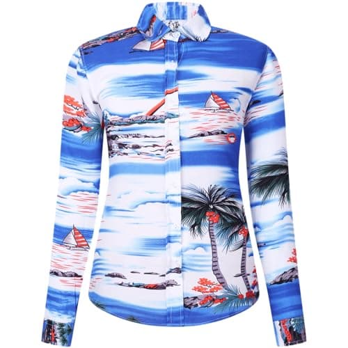 DOKKIA Women's Hawaiian Shirt Blouses Tropical Aloha Casual Floral Work Luau Party Long Sleeve Tops Blue Sailboat Island Palm Tree Medium