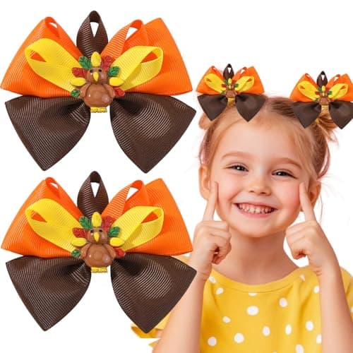 Thanksgiving Hair Bows for Girls, Turkey Bow Hair Clips 2 Pack Cute Fall Hair Clips with Turkey & Bowknot Designs Orange Brown Autumn Hair Accessories for Women Holiday Party Hairstyle Decor