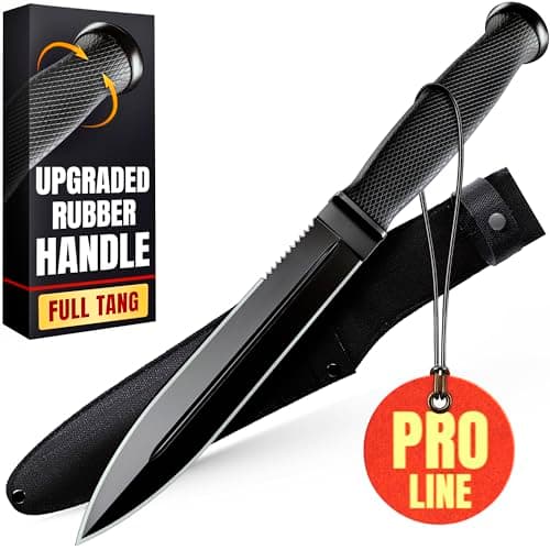 Tactical Survival Knife with Sheath – 6.5" Fixed Full Tang Blade, Serrated Edge – Hunting Knife with Non-Slip Rubber Handle – Heavy Duty Long Blade Knives for Camping, Self Defense, Military 2503
