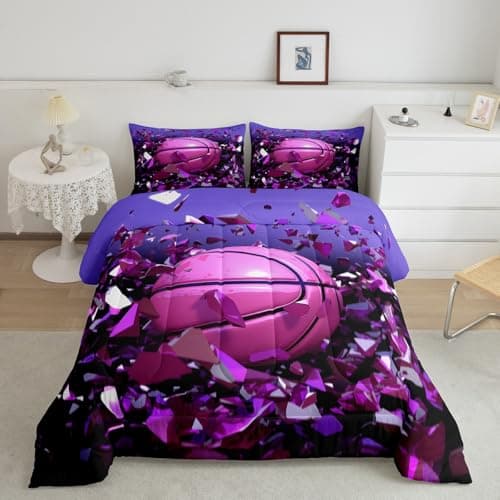 Feelyou Basketball Comforter Set Sports Bedding Set for Boys Girls Ball Comforter Gift for Basketball Player Room Decor Purple King Size Quilt Boys