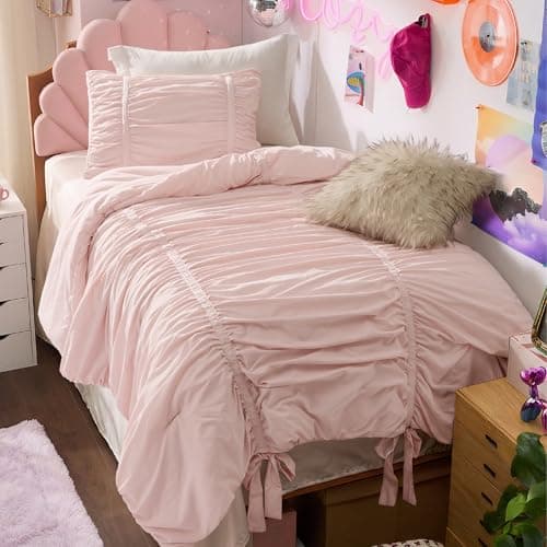 Bedsure Girls Bedding Sets Twin Size,Pink Twin Comforter Set for Girls with Bow Trim Pink, GentleSoft™ 3 Pieces Twin/Twin XL Dorm Boho Bedding for Girls, 1 Bed Comforter, 1 Pillow Shams, 68x88 Inches
