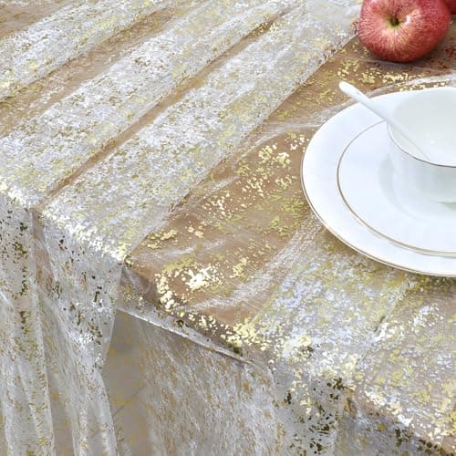 vveiiye 2 Pack Beige Rectangular Gauze Tablecloth 58x84 Inch, Glitter Tulle Tablecloth with Gold Metallic Foil, Sparkle Sheer Table Cloth for Wedding, Birthday Party, Holiday Table Decor