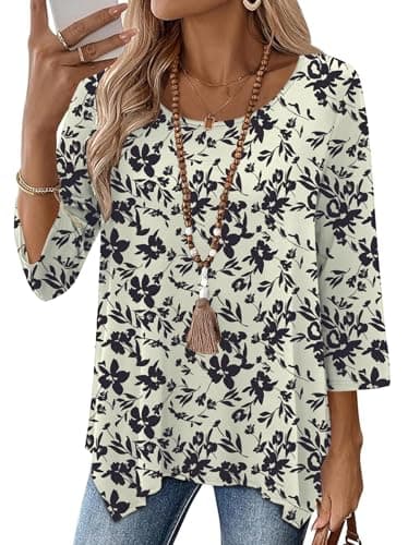 AKEWEI 3/4 Length Sleeve Womens Blouses Dressy Casual Spring Tops for Women 2025 Trendy Crewneck Tee Shirts Apricot Black Floral M