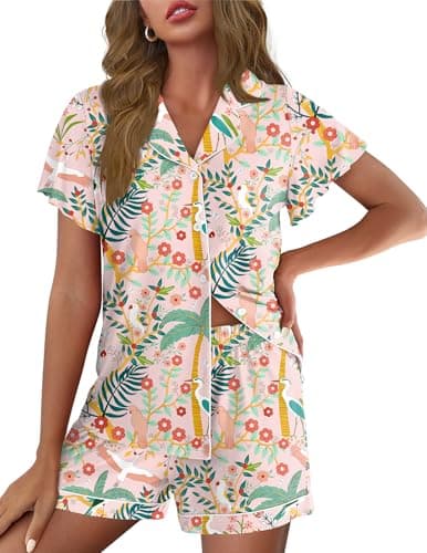 Ekouaer Pajamas for Women Set Button Up Pjs Ruffle Sleeve Sleepwear Notch Collar Bride Soft Pj Lounge Sets Tropical Print XL