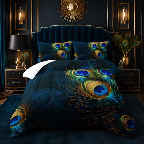 Tuzaovy Peacock Feather Queen Bedding Set - Boho Comforter for Girls, Bohemian Gothic Decor, Western Hippie Animal Print Black