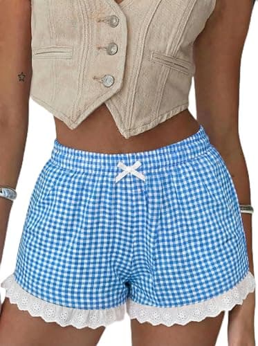 Aoulaydo Boxer Shorts for Women Gingham Pajama 2025 Summer Casual Lounge Lace Trim Shorts Y2K Beach Bottoms