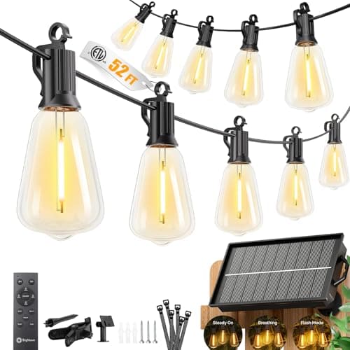Brightown 52FT Solar String Lights Outdoor Waterproof, Patio Lights with Remote & Timer, USB/Solar Powered Dimmable Outdoor Lights, 15+1 LED Bulbs for Backyard Garden Camping Party - 26Hrs Runtime