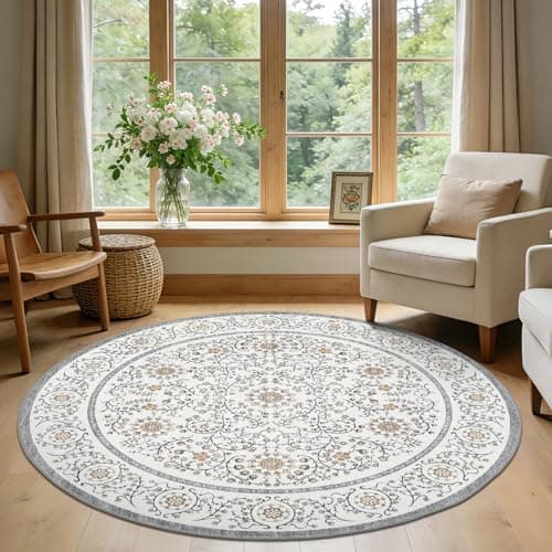 GarveeHome Boho Round Rug 4ft for Bedroom Non Slip, Vintage Botanical Circle Rugs Washable Area Rug for Kitchen Stain Resistant, Low Pile Soft Grey Circular Carpet for Nursery Entryway