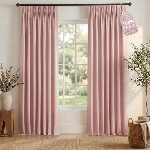 NICETOWN PRO 100% Blackout Long Pink Curtains for Girls Room, Pinch Pleated Thermal Curtains Linen Weave Window Treatments Sound Reducing for Bedroom, W40 x L102, 2 Panels