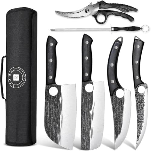 TIVOLI Professional Butcher Knife Set for Meat Processing, 7Pcs High Carbon Steel Hand Forged BBQ Knife Sets, Serbian Chef Knife Set with Ergonomic Handle for Kitchen Outdoor Cooking Gifts
