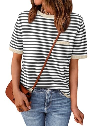 LILLUSORY Womens Spring Short Sleeve Sweater Shirts Tops Summer 2026 Cute Business Dressy Casual Teacher Trendy Outfits Clothes Blouse Work School Vacation Fashion Cotton Striped Apricot Black XXL