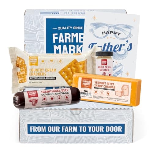 Farmers Market Foods Meat and Cheese Gift Basket for Fatherβs Day β Summer Sausage, Sharp Cheddar, Crackers & Mustard Gift Set β Gourmet Charcuterie Snack Box for Dad, Holiday, Birthday & Corporate Gifts