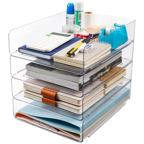 Tiawudi Desk Organizer, Clear Office Organization and Storage, Plastic Letter Tray, Stackable File Organizer for Classroom, Home, Documents, Notes, Folders, Books and Pens, 4 Tier
