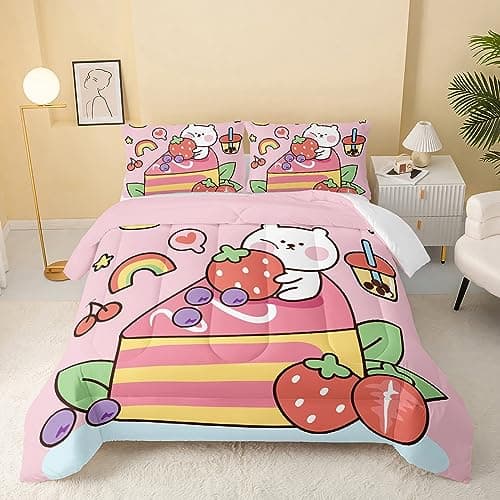 QOOMO Kawaii Bear Comforter Full,Pink Bear Bedding Set for Kids Teens Girls,3Pcs Bedding Set Printed Comforter with 2 Pillowcases,Down Alternative,Soft and Lightweight,Full Size