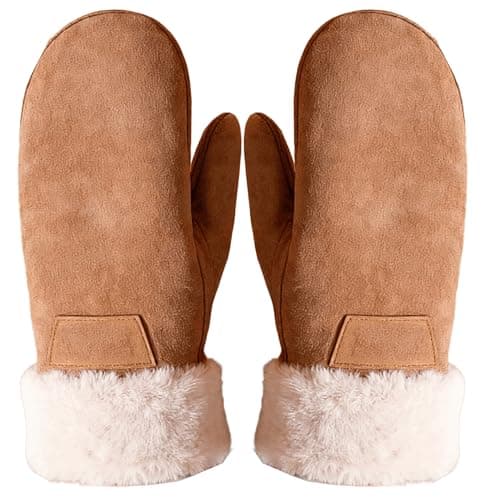 CLeemuziN Ladies Girls Faux Suede Leather Mittens Winter Warm Cold Weather Gloves Fuzzy Cuffed Thick Fleece Lined Mitt Small