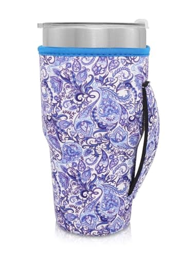 AJLTPA Reusable Iced Coffee Cup Sleeve Neoprene Insulated Sleeves Cup Holder with handle Idea for 30oz - 32oz Tumbler Cups, protein shake bottles(Only Cup Sleeves), Blue Floral Paisley