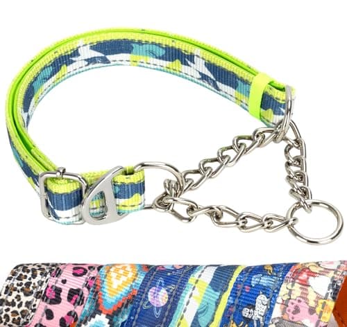 Reflective Martingale Dog Collar - No-Pull Adjustable Training Collar with Soft Nylon & Chain, Shark Pattern for Medium, Large & XL Dogs (Shark XL)