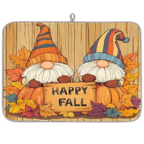 DXTKWL Happy Fall Dish Drying Mat for Kitchen Counter, Cute Gnome Pumpkins Maple Dish Drainer Mat Absorbent Non Slip Drying Mats Pad Coffee Bar Mat, 18x24 in