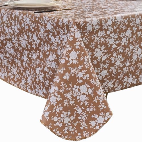 Pioggia Vinyl Tablecloth with Flannel Backing - Waterproof, Oil-Proof, Easy to Clean -Plastic Table Cloth - Perfect for Dining Tables, Kitchen Tables, Parties (Coffee Flowers, 60×84 Inch Rectangular)