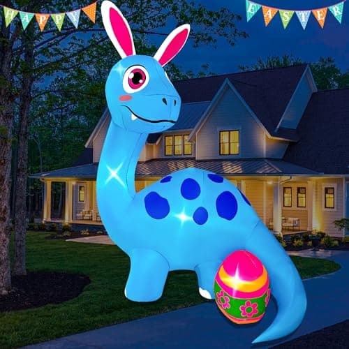 BLOWOUT FUN 8FT Easter Inflatable Dinosaur with Cute Bunny Ears & Egg Decoration Build-in LED Blow Up for Indoor Outdoor Lawn Yard Holiday Party Art Decor