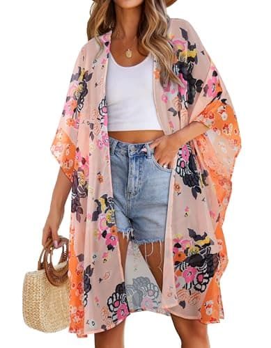 Womens Swimsuit Coverups Summer Loose Cardigans for Swimwear Lightweight Beach Kimono(Pink Flower,S)