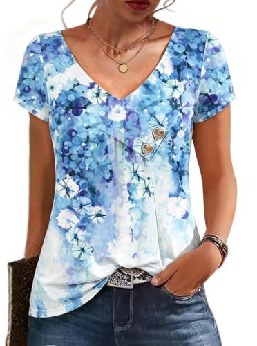 kipfall Womens Short Sleeve Summer Tops Button V Neck Tunic Shirts Dressy Casual Loose Fit Outfits