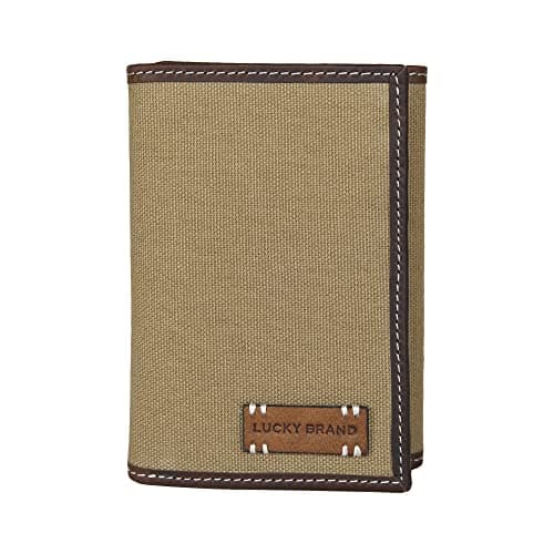 Lucky Brand Canvas with Leather Trim Trifold Wallet, Khaki, One Size