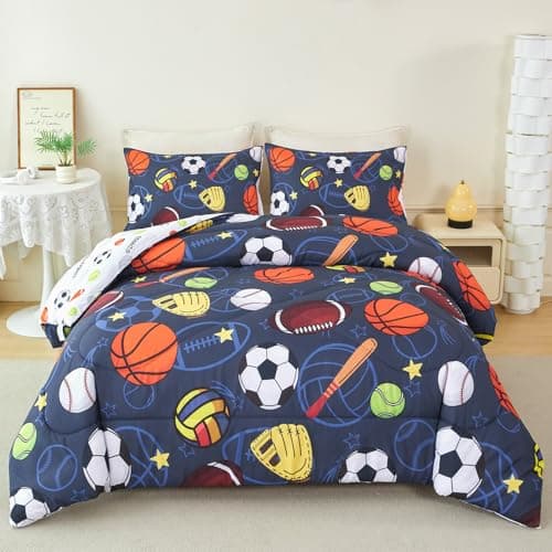 RYNGHIPY Twin Comforter Set for Boys 3pcs Soccer Basketball Baseball Tennis Bedding Sets Sports Theme Bed Comforter Set Blue Soft Football Bedding for Kids (Navy-Ball, Twin)