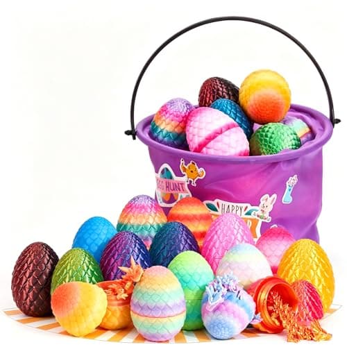 TBOLINE 16 Pack 3D Printed Dragon Egg, Party Favors Dragon Fidget Toys with Basket & Stickers, Small 3D Printer Dinosaur Eggs Treasure Box Classroom Prizes Toys for Kids Boys 5-7 6-8 8-10