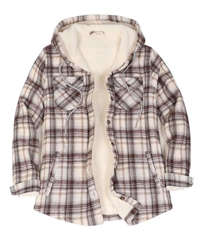 Womens Flannel Plaid Sherpa Fleece Lined Shacket Long Sleeve Button Down Boyfriend Shirts Jacket Winter Coats MK XL