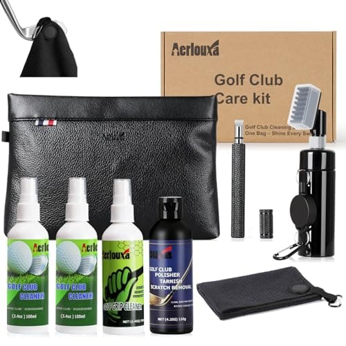 7-in-1 Golf Club Cleaning Kit - Club Cleaner, Grip Cleaner, Polish, Water-Spray Brush, Groove Cleaner, Magnetic Towel & Portable Bag | Restores Clubs, Removes Rust/Scratches, Renews Tackiness