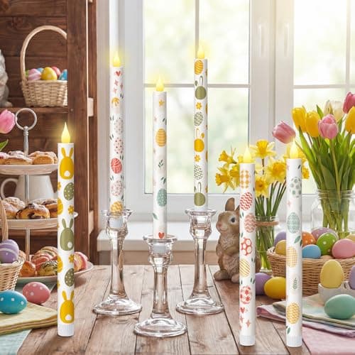 Honoson 6 Pcs Easter Flameless Taper Candles 10.6 Inch Colorful Egg Bunny Candles Battery Operated LED Candlesticks for Easter Dinner Table Home Party Decor