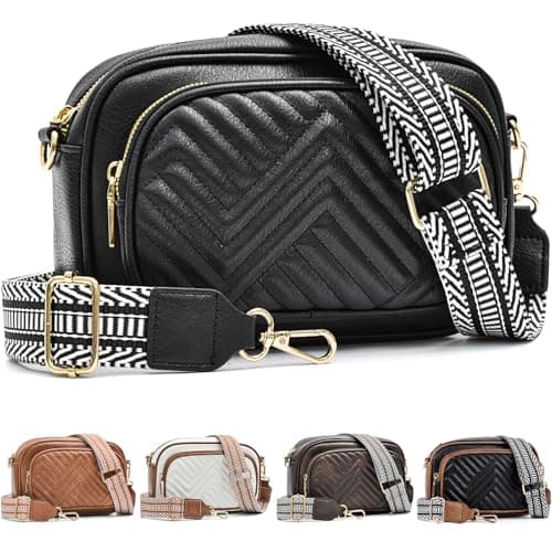 Farcauo Crossbody Bags for Women Quilted Crossbody Purse Black Crossbody Bag Handbags Women Vegan Leather Purses Cross Body Bag Shoulder Bag with Wide Straps